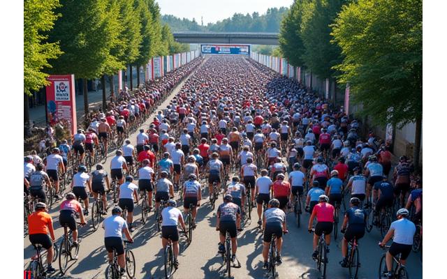Cyclists at a start line of a local bike touring event, with branded banners in the background.