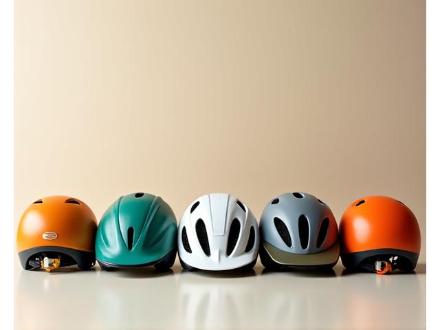 Variety of bike helmets with different safety ratings displayed