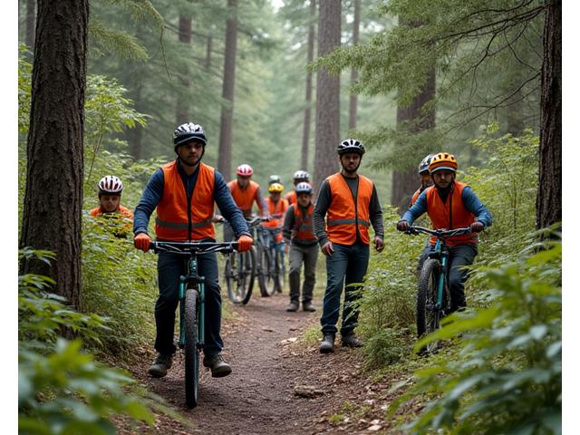 Volunteers maintaining a forest bike trail, emphasizing conservation