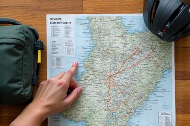 Cyclist's hand pointing at custom map