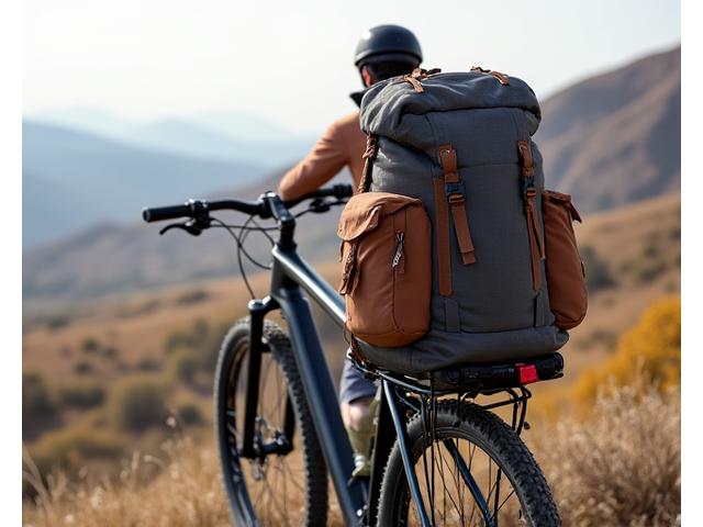 Durable, weather-resistant bike touring backpack strapped to a bicycle's rear rack, ready for long-distance travel.