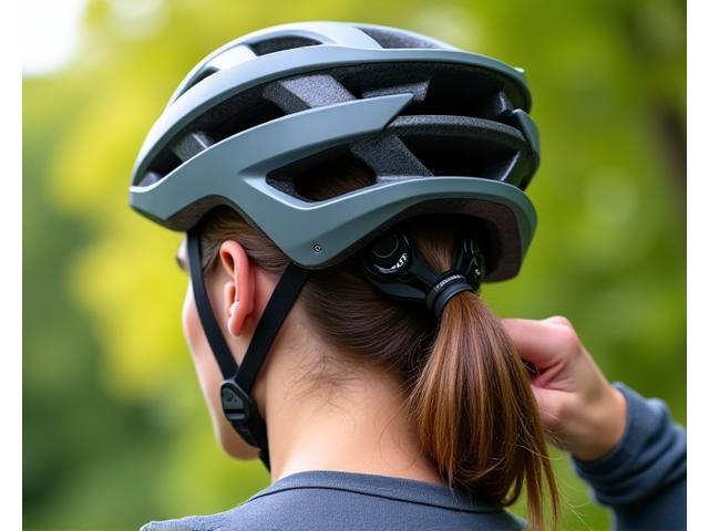 A woman adjusting a bike helmet with a ponytail slot, highlighting a comfortable and secure fit.